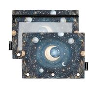 OWFKAY Pencil Pouch for 3 Ring Binder,Bulk 2 Pack-3 Holes Zipper Binder Pouches with Clear Window-Moon Planet