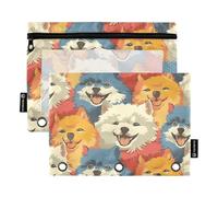 OWFKAY Pencil Pouch for 3 Ring Binder,Bulk 2 Pack-3 Holes Zipper Binder Pouches with Clear Window-Multicolored Dog Faces Pattern