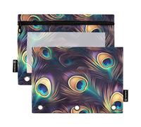 OWFKAY Pencil Pouch for 3 Ring Binder,Bulk 2 Pack-3 Holes Zipper Binder Pouches with Clear Window-Mysterious Peacock Feathers Pattern