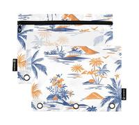 OWFKAY Pencil Pouch for 3 Ring Binder,Bulk 2 Pack-3 Holes Zipper Binder Pouches with Clear Window-Palm Trees Sailboat Pattern