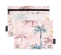OWFKAY Pencil Pouch for 3 Ring Binder,Bulk 2 Pack-3 Holes Zipper Binder Pouches with Clear Window-Palm Trees Pink Background Pattern