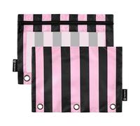 OWFKAY Pencil Pouch for 3 Ring Binder,Bulk 2 Pack-3 Holes Zipper Binder Pouches with Clear Window-Pink and Black Vertical Stripes Pattern