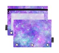 OWFKAY Pencil Pouch for 3 Ring Binder,Bulk 2 Pack-3 Holes Zipper Binder Pouches with Clear Window-Purple Galaxy Fantasy