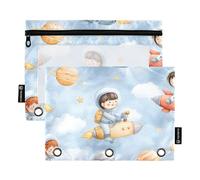 OWFKAY Pencil Pouch for 3 Ring Binder,Bulk 2 Pack-3 Holes Zipper Binder Pouches with Clear Window-Rocket Kid Planet Pattern