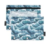 OWFKAY Pencil Pouch for 3 Ring Binder,Bulk 2 Pack-3 Holes Zipper Binder Pouches with Clear Window-Sea Wave Printing
