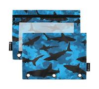 OWFKAY Pencil Pouch for 3 Ring Binder,Bulk 2 Pack-3 Holes Zipper Binder Pouches with Clear Window-Shark Silhouette Pattern