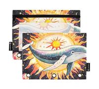 OWFKAY Pencil Pouch for 3 Ring Binder,Bulk 2 Pack-3 Holes Zipper Binder Pouches with Clear Window-Sun Whale Planet