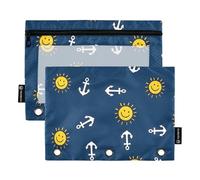 OWFKAY Pencil Pouch for 3 Ring Binder,Bulk 2 Pack-3 Holes Zipper Binder Pouches with Clear Window-Sun Boat Anchor Pattern