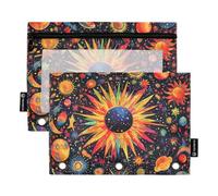 OWFKAY Pencil Pouch for 3 Ring Binder,Bulk 2 Pack-3 Holes Zipper Binder Pouches with Clear Window-Sun Planet Stars