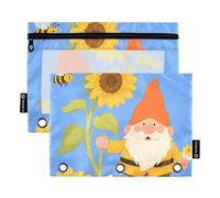 OWFKAY Pencil Pouch for 3 Ring Binder,Bulk 2 Pack-3 Holes Zipper Binder Pouches with Clear Window-Sunflower Gnome Bee
