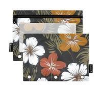 OWFKAY Pencil Pouch for 3 Ring Binder,Bulk 2 Pack-3 Holes Zipper Binder Pouches with Clear Window-Tropical Flowers on Black Pattern