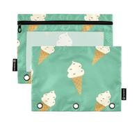 OWFKAY Pencil Pouch for 3 Ring Binder,Bulk 2 Pack-3 Holes Zipper Binder Pouches with Clear Window-Turquoise Ice Cream Cones Pattern