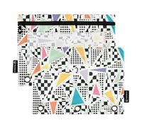 OWFKAY Pencil Pouch for 3 Ring Binder,Bulk 2 Pack-3 Holes Zipper Binder Pouches with Clear Window-Vintage 80s Memphis Fashion Style