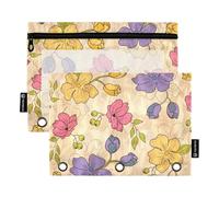 OWFKAY Pencil Pouch for 3 Ring Binder,Bulk 2 Pack-3 Holes Zipper Binder Pouches with Clear Window-Yellow Red Purple Flowers