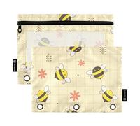 OWFKAY Pencil Pouch for 3 Ring Binder,Bulk 2 Pack-3 Holes Zipper Binder Pouches with Clear Window-Yellow and Black Bee with Flower