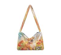 OWFKAY Plush Underarm Bag Women's Tote Handbags Ladies Fluffy Purse Shoulder Bag for Winter Cute Ginger Shiba Inu Dog Sitting Flower