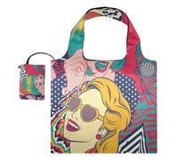 OWFKAY Reusable Grocery Bags-Colorful Retro Pop Art Comic Girl, Eco-Friendly Folding Tote Shopping Bag fits in Pocket,Waterproof & Lightweight