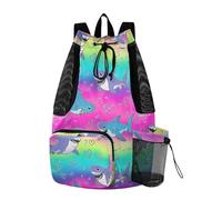 OWFKAY Sharks Rainbow Beach Drawstring Backpack Mesh Swimming Bag for Women Men Swim Gym with Waterproof Wet Pocket Packable Sports