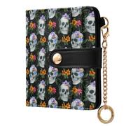 OWFKAY Slim Women's RFID Blocking Card Holder Wallet Travel Purse Multiple Card Slots ID Window Everyday Gray Skull Head Flower