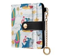 OWFKAY Surfing Blue Sharks Leather Purses for Women Ladies Wallet Credit Card Holder RFID Blocking Small with ID Window & Zipper Coin Pocket
