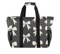 OWFKAY Travel Duffel Bag,Sport Gym Bag,Waterproof Beach Bag Shoulder Weekender Overnight Bag for Women Foldable Reusable-Small White Bows on Dark Grey Fabric Desi