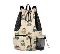 OWFKAY Ugly Frog Beach Drawstring Backpack Mesh Swimming Bag for Women Men Swim Gym with Waterproof Wet Pocket Packable Sports