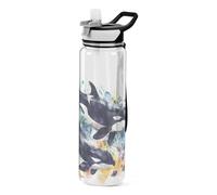 OWFKAY Water Bottle with Straw and Lid Watercolor Killer Whales and Fish under The Sea Drinking Bottle for School, Fitness, Gym, Camping, Outdoor Sports