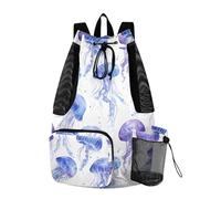 OWFKAY Watercolor Jellyfish Beach Drawstring Backpack Mesh Swimming Bag for Women Men Swim Gym with Waterproof Wet Pocket Packable Sports