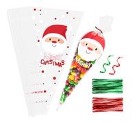 OWill 100pcs Christmas Sweet Cone Bags, Clear Cone Bags Sweets Cellophane Treat Bag with 50 Red and 50 Green Twist Ties for Party Christmas and Festivals