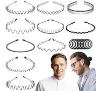 OWill 10PCS Hair Bands for Men, Black Hair Bands Headband, Elastic Wavy Spring Wave Hairbands, Unisex Sports Fashion Hairband Non-Slip Metal Headbands Hair Hoop Outdoor Daily Wear + 10 Hair Ties