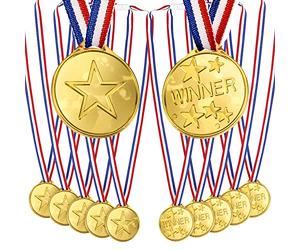 OWill 12 Golden Plastic Winner Medals With Ribbon Necklace for Performances, Competitions, Party Gifts, Sports Day - for Children, Adults, Kids