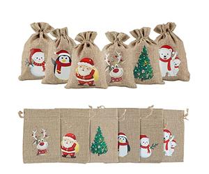 OWill 12 PCS Jute Christmas Burlap Drawstring Small Bags for Holiday Treats