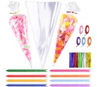 OWill 13x25cm Sweet Cone Bags with Twist Ties Ribbons and Pull Bows, 150Pcs Cellophane Crystal Clear Sweet bags, Triangle Sweet Party Cones Bags Perfect for Halloween, Christmas, Candies and many more