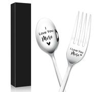 OWill 2 Pcs Engraved Fork and Spoon Set - ‘Love You More’ - Personalised Stainless Steel Cutlery with Black Gift Box - Ideal for Valentine's Day, Boyfriends or Girlfriends