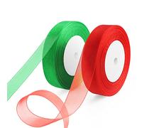 OWill 2 Rolls of Christmas Ribbon, Red and Green Organza Ribbon, 20mm x 45m Each, Clear Chiffon Ribbons for Christmas Wrapping Gift Christmas Tree DIY Crafting