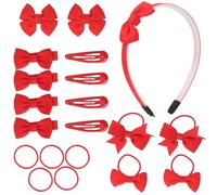 OWill 20 Pcs School Hair Accessories Kit - Elastic Headbands & Clips, Bows, Red for Girls' Birthdays & Festivals