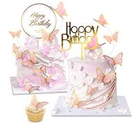OWill 22-Pieces Pink Butterfly Cake Decorations with Happy Birthday Acrylic Cake Toppers for Baby Shower Wedding Birthday Party Decor (Pink)