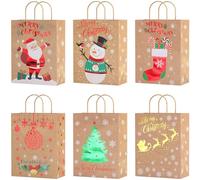 OWill 24 Pcs Christmas G-ift Bags, 6 Designs Xmas Bags with Handles, Christmas Kraft Paper Bags for Xmas Party and Decor Supplies-8.7x6.7x3.5 Inches