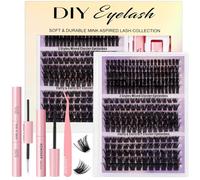 OWill 300Pcs Lash Clusters Kit, 100D 120D 150D Fluffy Individual Eyelashes Extension Kit, D Curl Wispy Cluster Lashes 10-18mm Mixed Length DIY at Home with Tweezer Bond and Seal & Remover