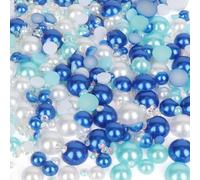 OWill 30g Mix Flat Back Pearls and Rhinestones for Crafting Mixed Colour Multi-Size for Hair Gems, Nail Art, Makeup and Face Decorations (White&Blue)