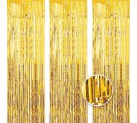 OWill 3pcs 3ft X 8.3ft Gold Metallic Tinsel Curtains Aluminum Foil Flow Silk Curtain Background Streamer Birthday Party Wedding Holiday Backdrop Decoration