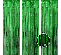 Owill 3pcs 3ft X 8.3ft Green Metallic Tinsel Curtains Aluminum Foil Flow Silk Curtain Background Streamer Birthday Party Wedding Holiday Backdrop Decoration