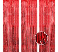 OWill 3pcs 3ft X 8.3ft Red Metallic Tinsel Curtains Aluminum Foil Flow Silk Curtain Background Streamer Birthday Party Wedding Holiday Backdrop Decoration