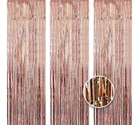 OWill 3pcs 3ft X 8.3ft Rose Gold Metallic Tinsel Curtains Aluminum Foil Flow Silk Curtain Background Streamer Birthday Party Wedding Holiday Backdrop Decoration
