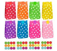 OWill 40pcs Kraft Paper Party Bags - 8 Colors Polka Dot Goody Bags With 48 Stickers for Kids Birthday Wedding Christmas Halloween- 130x80x240mm