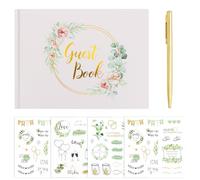 OWill 60 Sheets Wedding Guest Book,Large Wedding Scrapbook with 4 PCS Stickers and Pens, Memory Wedding Book for Guest to Sign, Wedding Guestbook with Wreath Design-18.6 * 25.8 cm