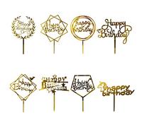 OWill 8 Pcs Happy Birthday Cake Toppers Acrylic Cake Toppers Cake Decoration Party Supplies for Children or Adults Various Cupcake Topper (Gold)