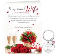 OWill Anniversary Card for Her, Wedding Happy Anniversary Card for Wife, Roses Greeting Card with White Envelope and Keyring for Valentine's Day, Christmas, Birthday