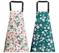 OWill Aprons for Women with Pockets, 2 Pcs Waterproof Kitchen Apron Set, Adjustable Chef Cooking Aprons for Baking Gardening, Floral Pattern