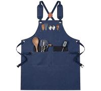 OWill Chef Apron for Men & Women，Adjustable Cross Back Kitchen Apron with Pockets, Heavy Duty Cotton Cooking Aprons for BBQ, Baking, Gardening, Pottery (Blue)